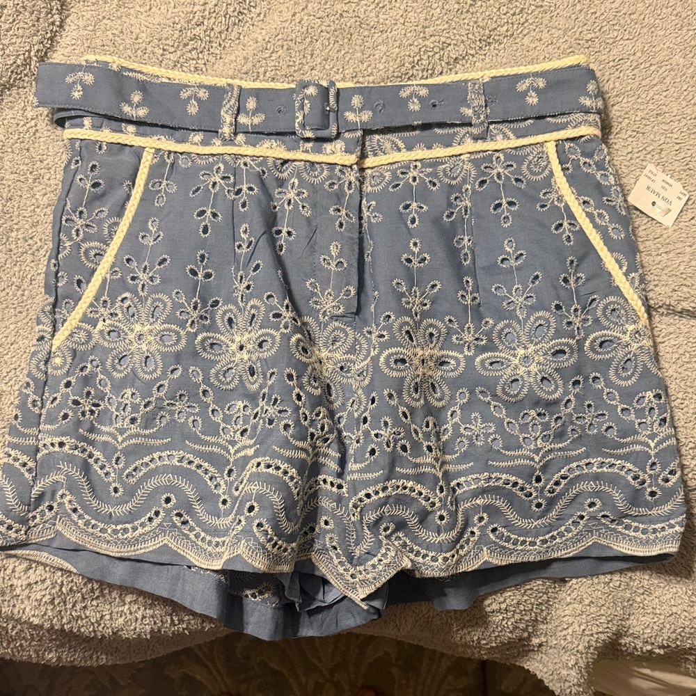 TCEC High Waist Blue Embroidered Shorts